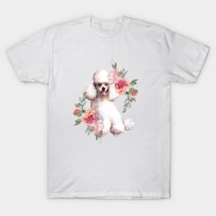 Cute Poodle Puppy Dog with Flowers Watercolor Art T-Shirt